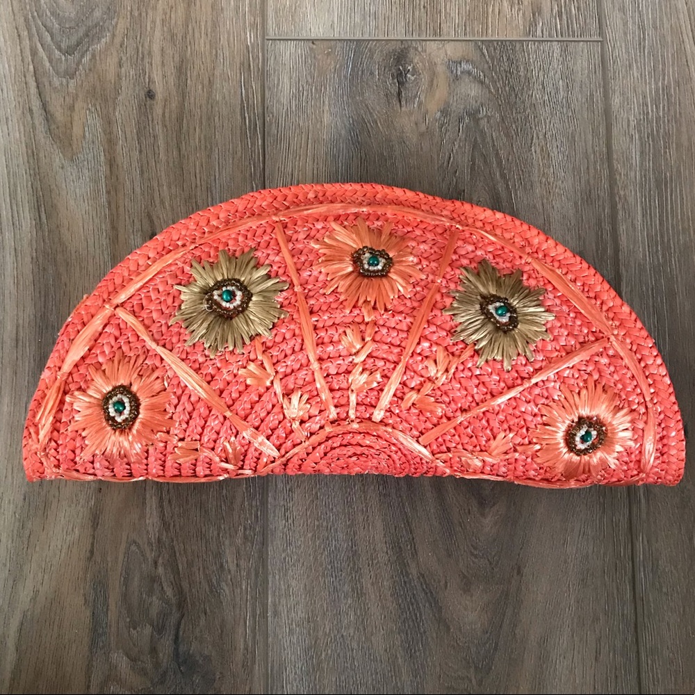 Marciano Orange half Moon Straw Clutch